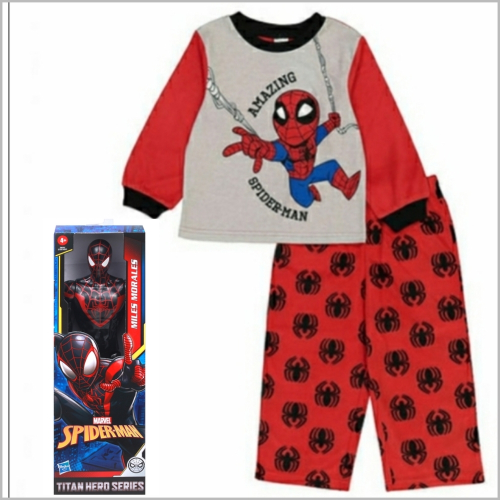 NWT Disney Spider-Man Fleece Pajama set, Size 2T with Spider-Man toy figuere